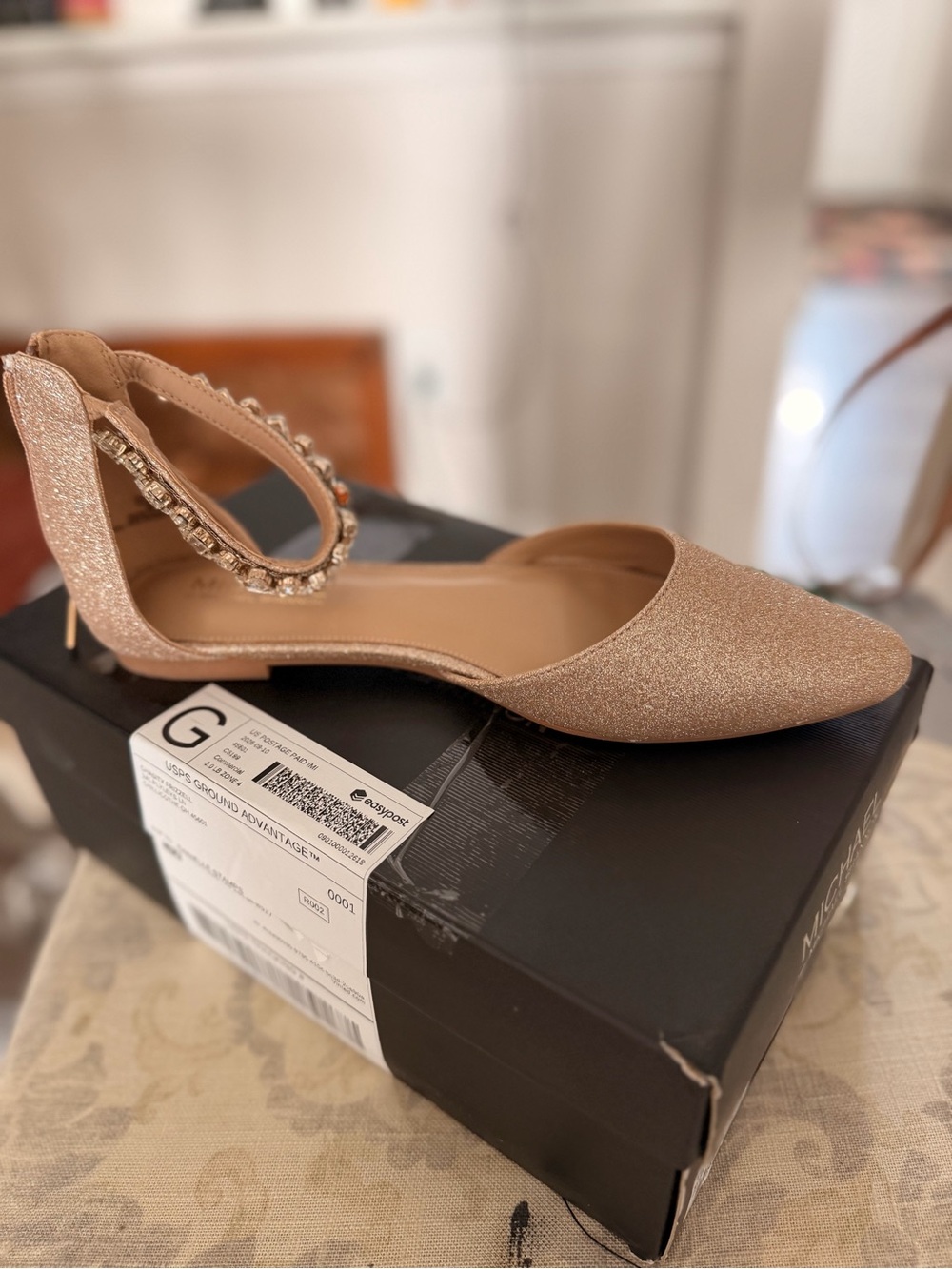 Sparkling Tan Pointed-Toe D'Orsay Flats with Jeweled Ankle Strap